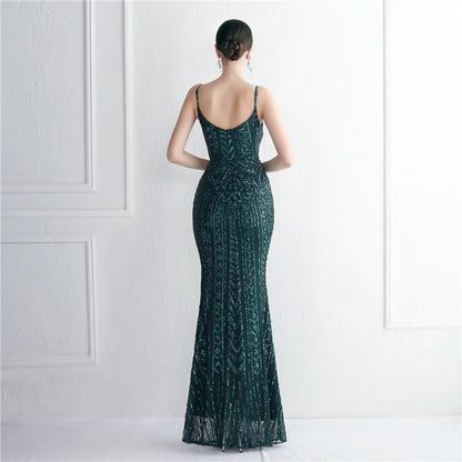Women's Black Long Sleeve Padded Strap Sequin Dress Length, Sparkles Stretch, V Neck Mermaid, Formal Evening Dress, Night Party