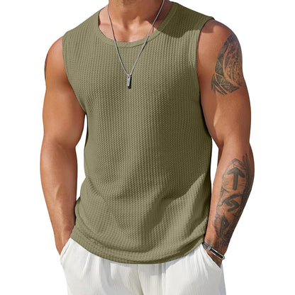 メンズ リブニットタンクトップ（無地）カジュアルウェア、ノースリーブTシャツ（ワークアウトやボディビルディングのストリートウェアスタイル）