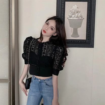 Woherb Sweet Crochet Top Blouse Women Sexy Hollow Out Shirt Vintage Puff Sleeve Korean  Shirts Fashion Chic Tops Blusas