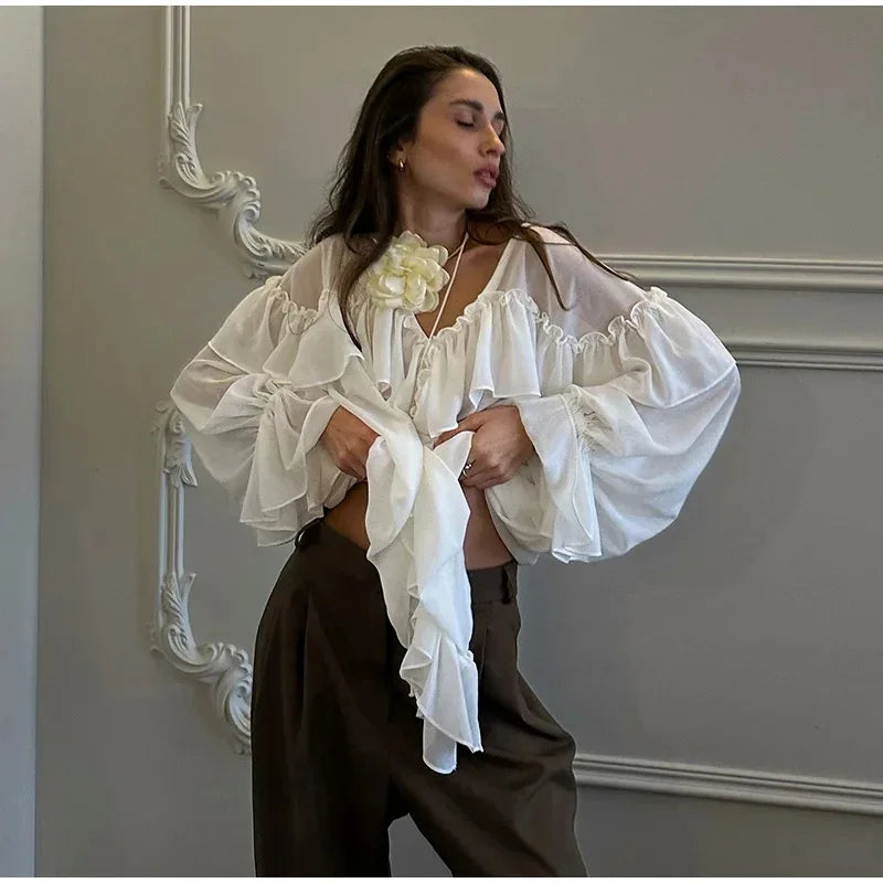 Talenza White Chiffon Shirt Women's Summer V-Neck Sexy See Through Shirt Beach Blouse Fashion Ruffle Patchwork Female Blouse Top