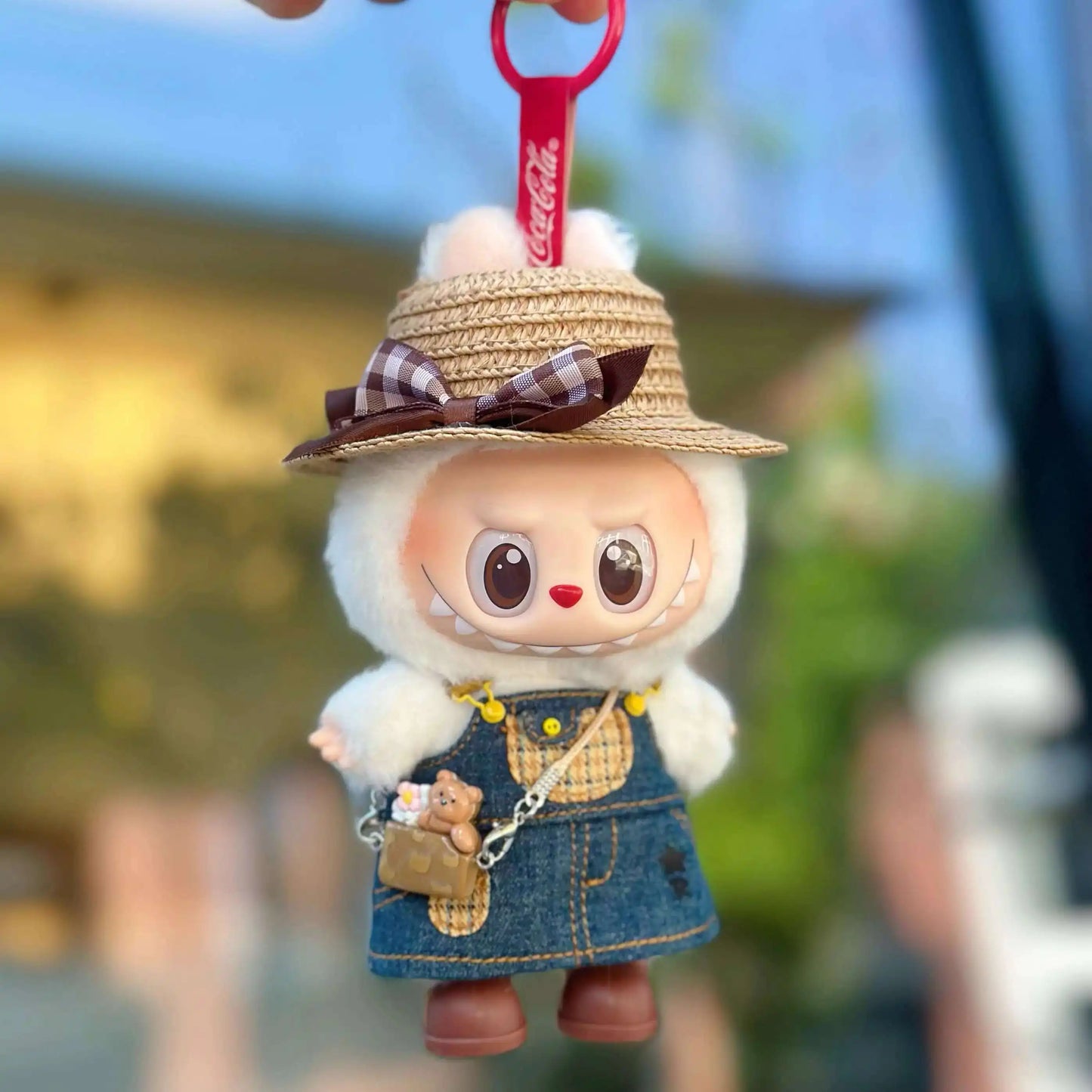 17cm Labubu Plush Doll Skirt- Adorable Skirt Set DIY Clothes Accessories Gift denim shoulder strap skirt Labubu straw hat skirt