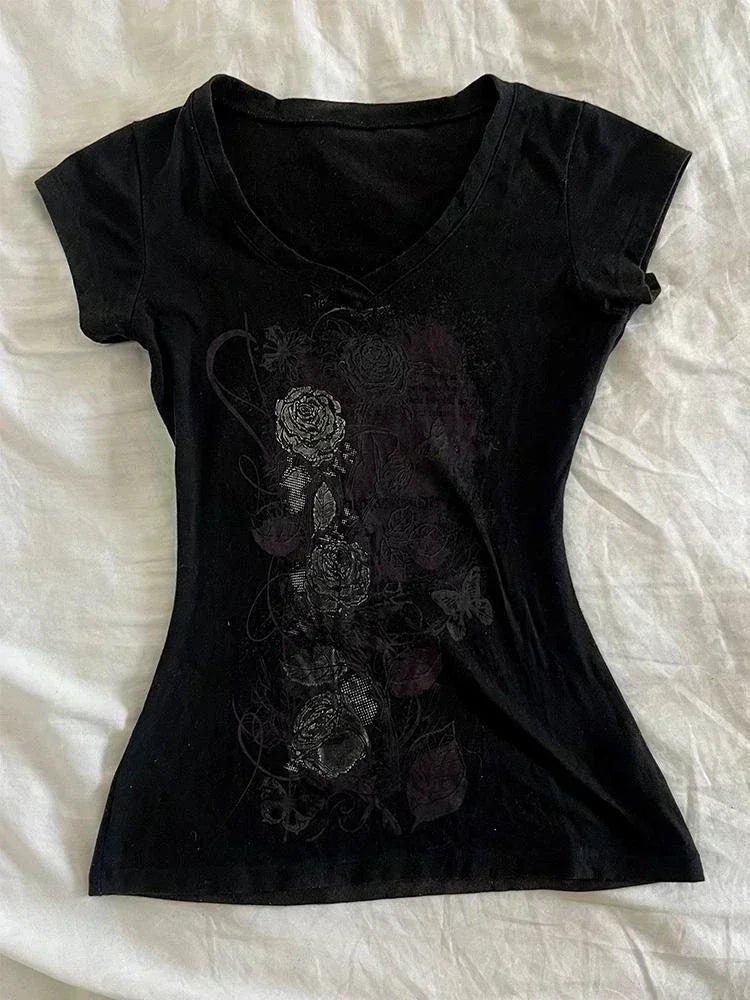 Vintage Clothes Women Print Sexy Punk Streetwear Slim Femme Tees Shirt Gothic Casual Grunge T Shirts 2000s Emo Y2k Crop Top