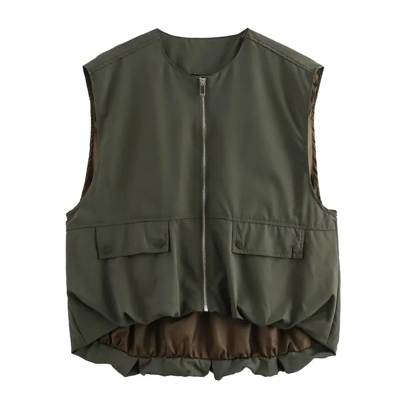 SIYANG Women Fashion Chic Loose Sleeveless Pockets Vests Female O-Neck Pleated Hem Waistcoats Ladies Casual Streetwear