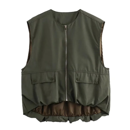 SIYANG Women Fashion Chic Loose Sleeveless Pockets Vests Female O-Neck Pleated Hem Waistcoats Ladies Casual Streetwear