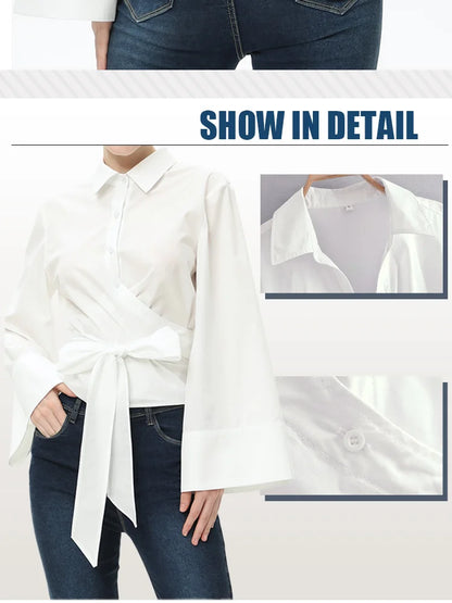 New Women's Fashion Casual Polo Neck Bow Tie up Short Edition Double Breasted Poplin Shirt