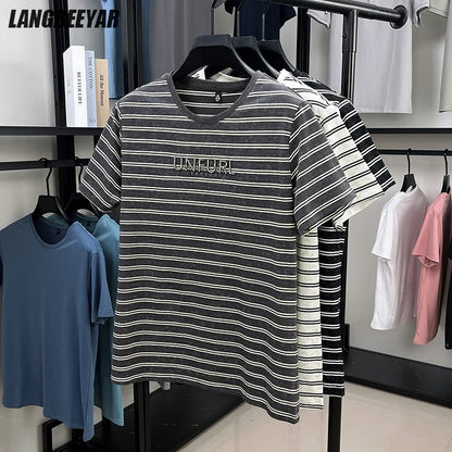 Top Grade Yarn Dyed New Summer Tops Striped Designer Tshirt Men 2025 Round Neck Brand Short Sleeve Casual Fashion Men Clothing