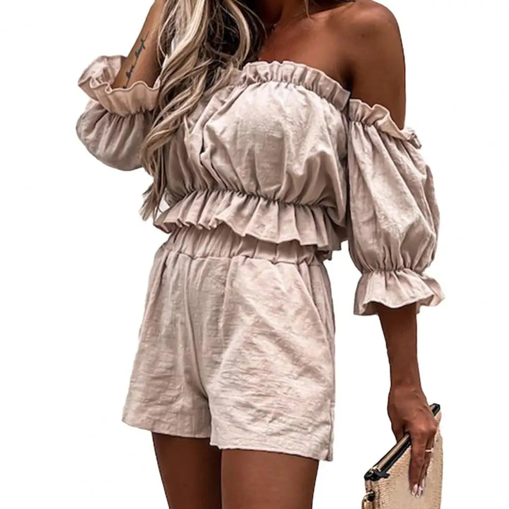 2Pcs/Set Women Matching Set Ruffles Off-shoulder Half Sleeve Lady Summer Crop Tops Shorts Outwear Sexy Beach Set for Daily Wear