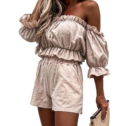 2Pcs/Set Women Matching Set Ruffles Off-shoulder Half Sleeve Lady Summer Crop Tops Shorts Outwear Sexy Beach Set for Daily Wear