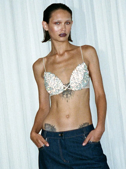 PB Glamorous Crystal-Embellished Leaf-Shaped Spaghetti Strap Bra Top - Ideal for Nightclub Outfits & Bold Fashion Statements