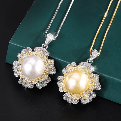 KNRIQUEN Charm 14mm White Gold Big Pearl Pendant Necklace for Women Lab Diamonds Anniversary Gift Party Fine Jewelry Accessories