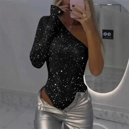 Women's One Shoulder Sequin Bodysuit Sexy Glitter Asymmetric One Shoulder Rhinestone Sequin Top Women's Bodysuit