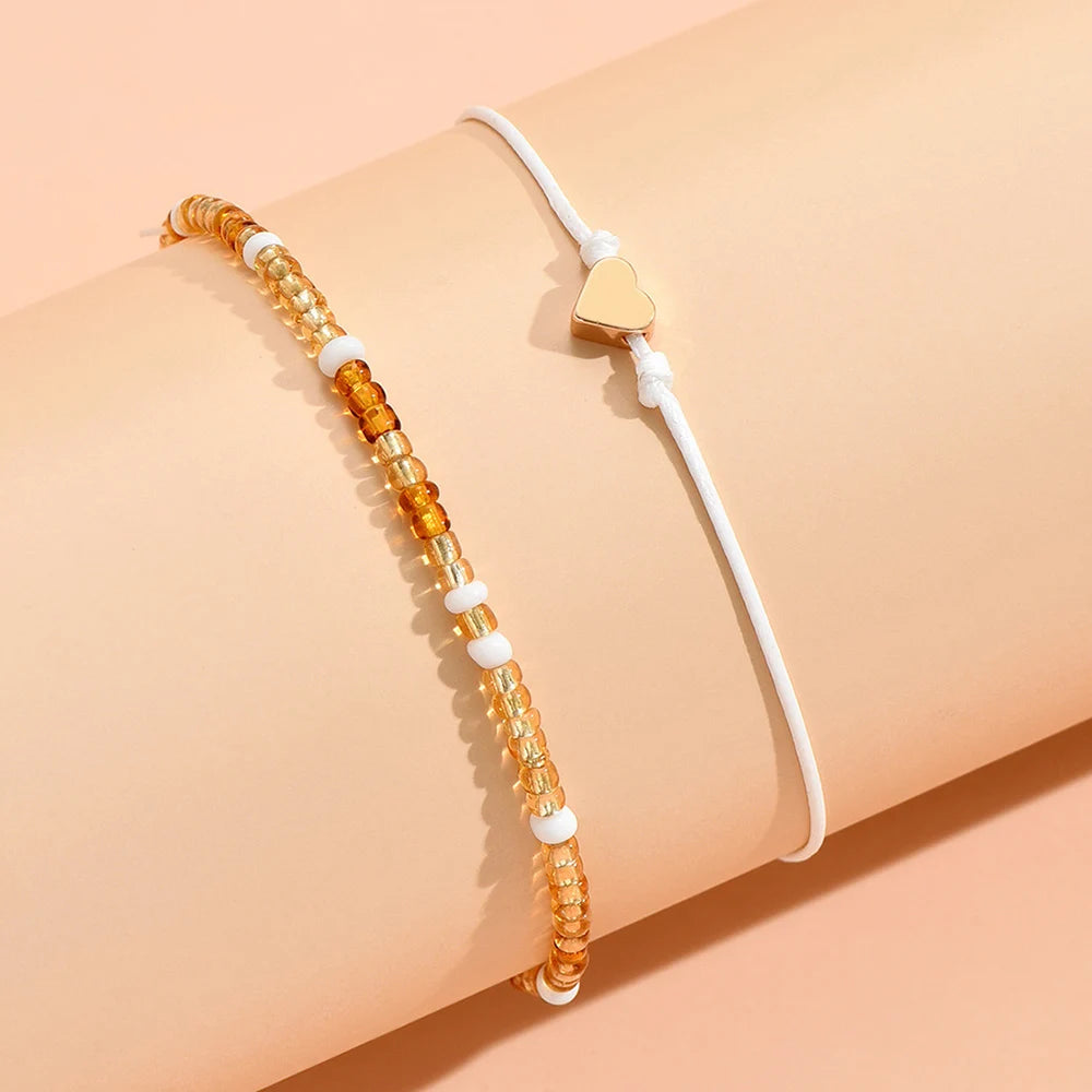Boho Anklet Foot Colorful Beads Chain Summer Bracelet Heart Pendant Charm Anklet Sandals Barefoot Beach Foot Bridal Jewelry J027