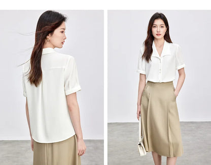 SENTUBILA Turn Down Collar Shirt Women Summer 2025 Twill Texture Chic Button Short Sleeve Elegant Solid Woman Blouse 152C87931