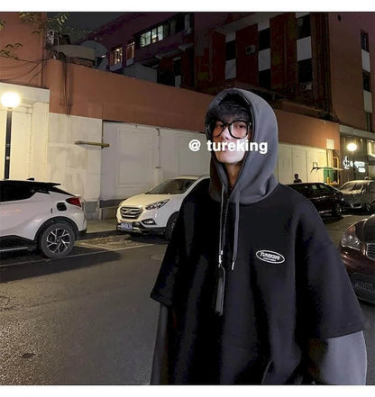 Hoodies men fake two-piece sweatshirt autumn stitching Korean loose contrast color hooded long-sleeved black  white gray design