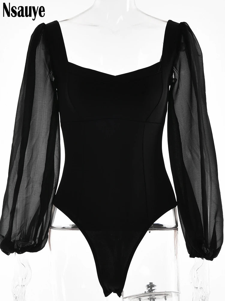 Nsauye 2022 Autumn Summer Sheath Long Puff Sleeve Skinny Women Rompers Bodysuits Y2K Square Collar Fashion Jumpsuit Body Tops