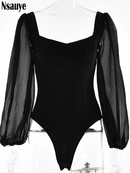 Nsauye 2022 Autumn Summer Sheath Long Puff Sleeve Skinny Women Rompers Bodysuits Y2K Square Collar Fashion Jumpsuit Body Tops