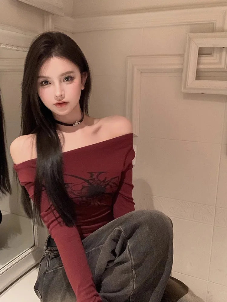 T Shirt Women Long Sleeve Off Shoulder Y2k Vintage Tops Streetwear Korean Style Crop Tops Autumn