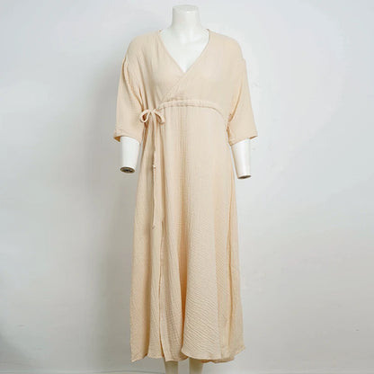 Elegant Party Dresses Women 100% Cotton Muslin Gauze Holiday Beach Casual Corset Waistband Ladies Robe Loose Soild Sundress