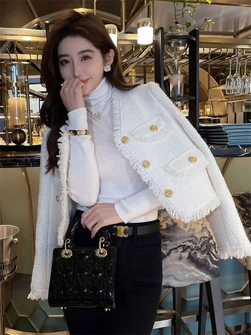 ジャケット 小さな香り ゆったり Vネック 長袖コート 春秋 高級 高級ツイード フレンチホワイト ショートコート レディース