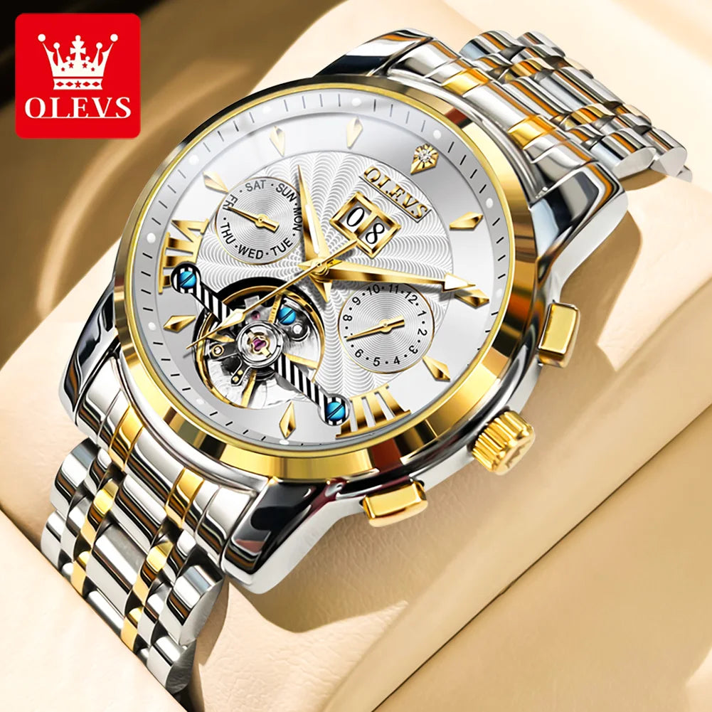 OLEVS 9965 Mechanical Watch for Men Tourbillon Dial Dual Calendar Display Luminous Automatic Mechanical Men's Watch