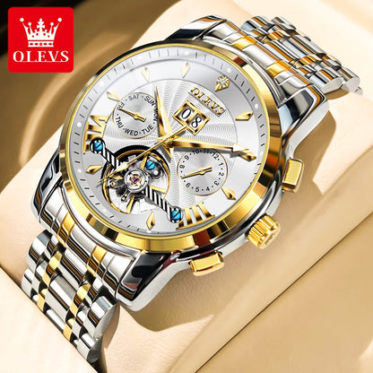 OLEVS 9965 Mechanical Watch for Men Tourbillon Dial Dual Calendar Display Luminous Automatic Mechanical Men's Watch
