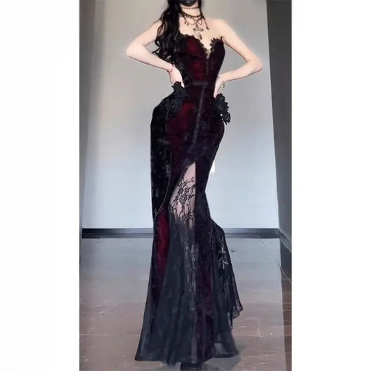 Summer Gothic Grunge Y2k Lace Dress Women Dark Academia Sexy Slim Party Dresses Korean Fashion Design Festival Long Prom Dress