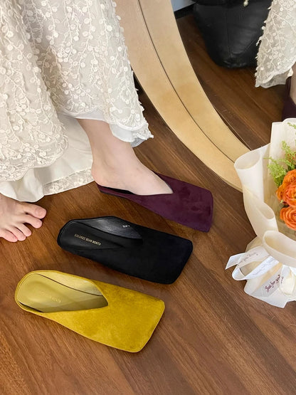 Flats Women Square Toe Slippers Designer Shallow Mule Shoes 2025 Summer New Casual Shoes Fad Brand Walking Soft Femme Chaussures