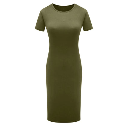 Fashion Women Short Sleeve Slim Fitting Dress Summer Solid Color Round Neck Elegant Dress Tight Robe Street Style Skinny Dress