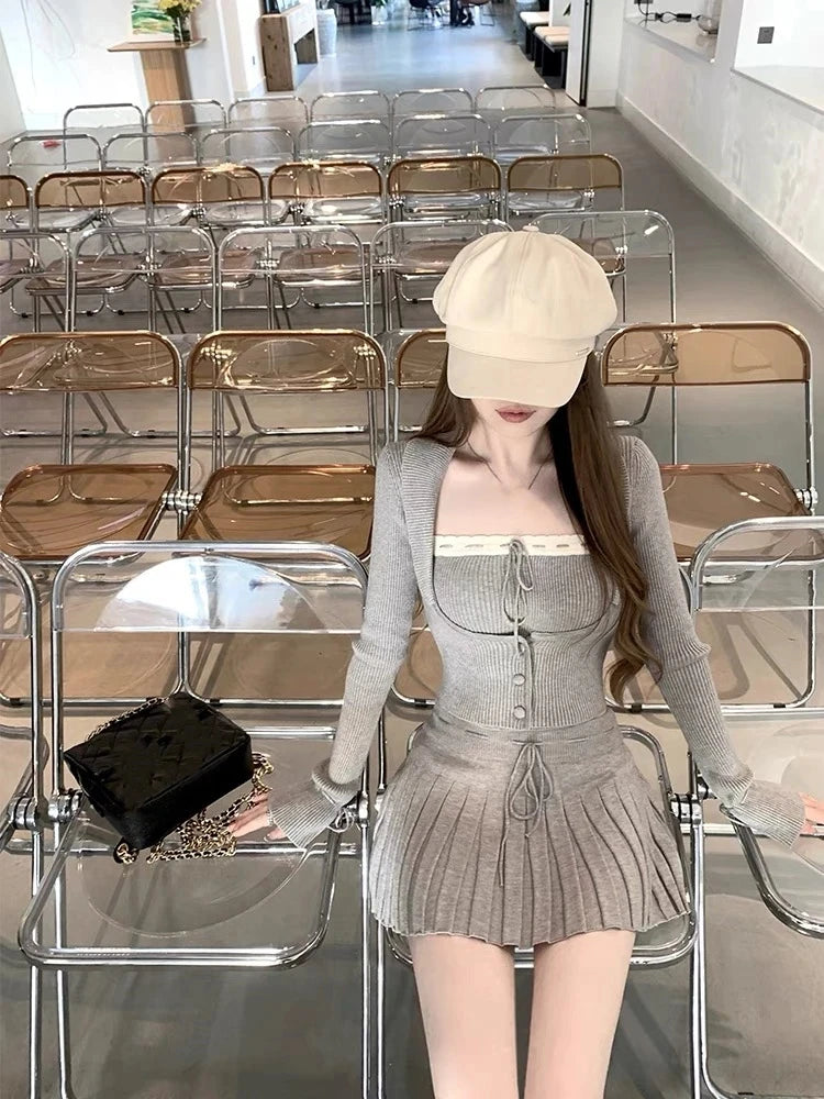 Woman Y2k Matching 3 Piece Set New Products Sweet Solid Knitted Cropped Patchwork Vest Slim Cardigan Mini Pleated Skirt Autumn