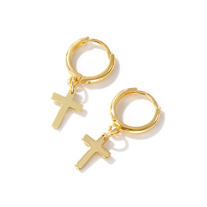 1Pair Exquisite Religious 18K Gold Plated Brass Cross Hoop Earrings For Women Gift 3.1cm x 1.4cm, Post/ Wire Size: 1mm(18 gauge)