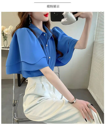 French Lady's Summer Loose Shirt Women's New Loose Blouse Solid Color Ruffle Short Sleeve Chiffon Top