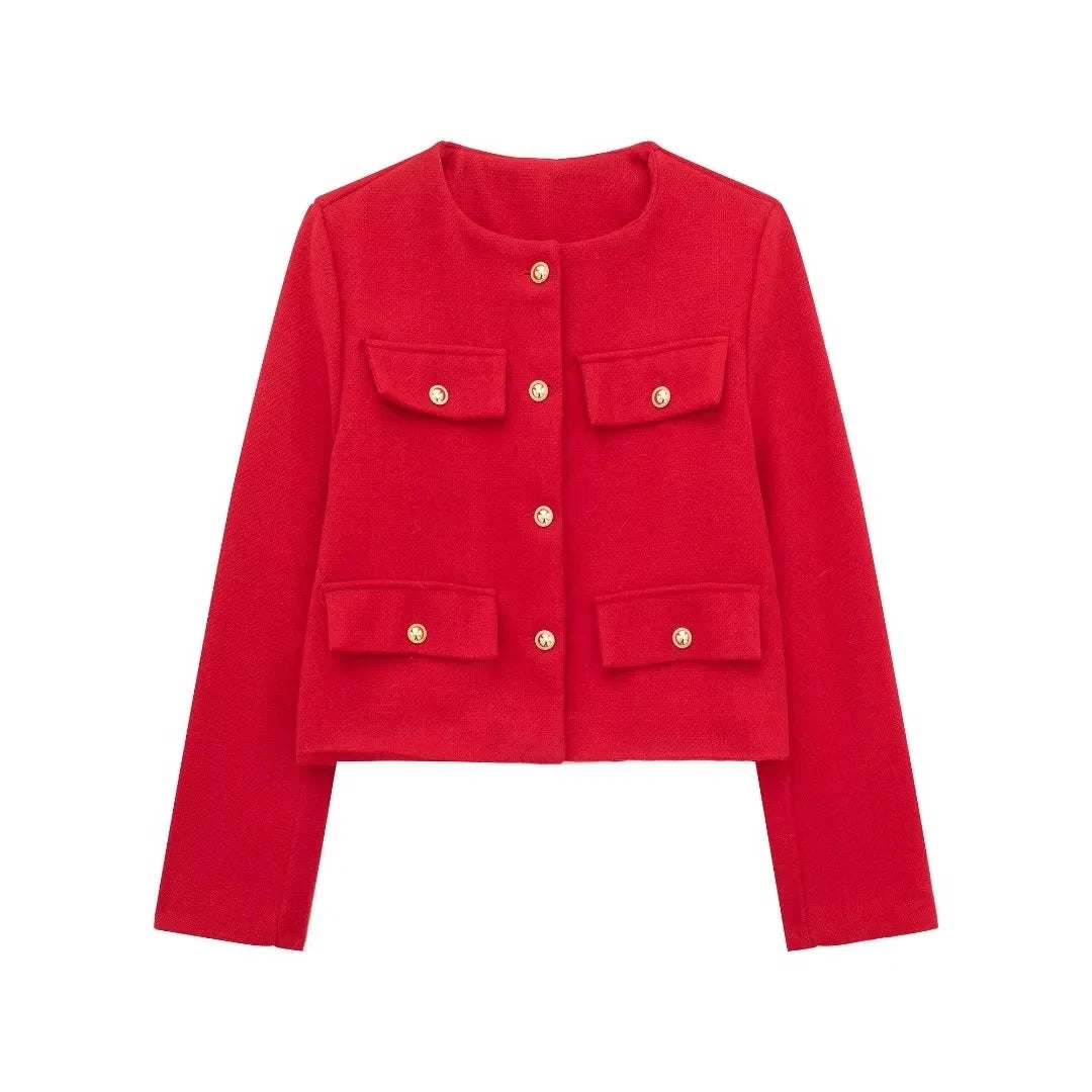 TRAFZA Women Vintage Solid Coat Button Long Sleeve O Neck Jacket With Pocket 2024 Autum Elegant Female Casual Outerwear Jakcet