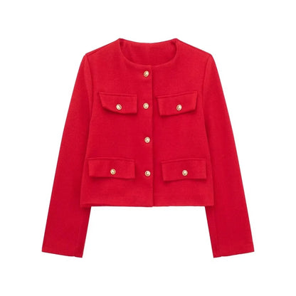 TRAFZA Women Vintage Solid Coat Button Long Sleeve O Neck Jacket With Pocket 2024 Autum Elegant Female Casual Outerwear Jakcet