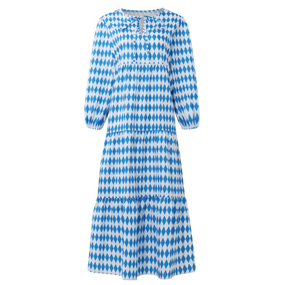 Women's Summer Casual Fashion Geometric Print Neckline Lace-up Bubble Middle-sleeves Ruffle Stitching Big Swing Long Losse Dress