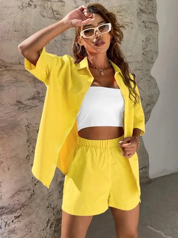 Long Sleeve Single breasted Top Broad legged Shorts Set Fashion Ladies Sexy Solid Suits 2024 Summer 2 Piece Outfits For Women