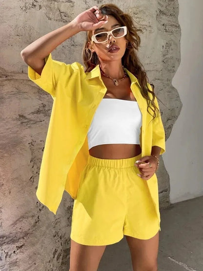 Long Sleeve Single breasted Top Broad legged Shorts Set Fashion Ladies Sexy Solid Suits 2024 Summer 2 Piece Outfits For Women