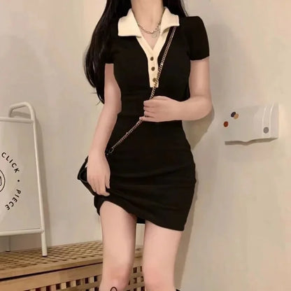 セクシースリムフィット長袖ポロネックミニスカートワンピース ショート丈 ポリエステル繊維 レディースファッション 春秋 韓国風