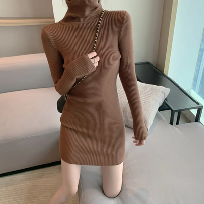 レディース 秋冬 タートルネック 暖かい ボディコン ワンピース 長袖 ニット 無地 オフィス プルオーバー セクシー ミニドレス 2025