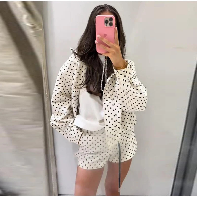 Polka Dot Print Shorts Coats Suits Women Loose High Neck Long Sleeves Zipper Drawstring Sets Female 2025 Autumn New Chic Set