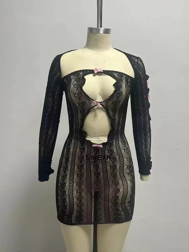 Weird Puss セクシー バタフライ ドレス＋ショール レディース Y2K ホロー ジャカード コケット 秋トレンド ストレッチ クラブウェア 長袖 ミニ ボディコン