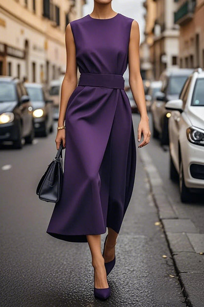 Causal High Waist Slim Maxi Dress Elegant O-neck Sleeveless Draped Long Dress Office Fashion Commuting Solid Party Dresses Women