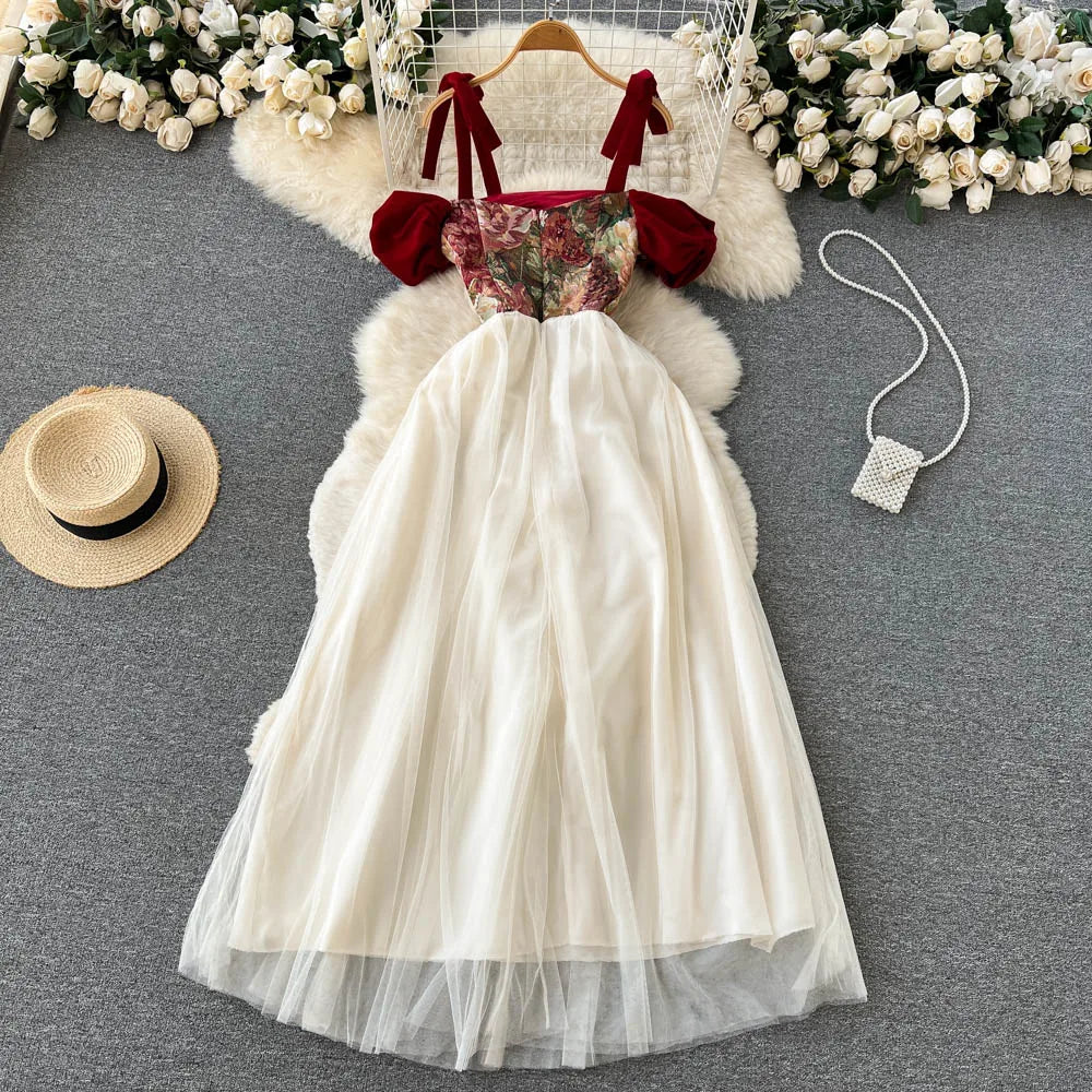 France Vintage Bow Mesh Wedding Runway Party Dresses Women Summer Fashion Elegant Strap Graduation Evening Vestidos Ladies Robe