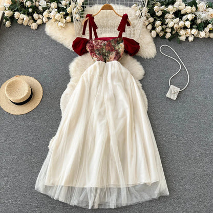 France Vintage Bow Mesh Wedding Runway Party Dresses Women Summer Fashion Elegant Strap Graduation Evening Vestidos Ladies Robe