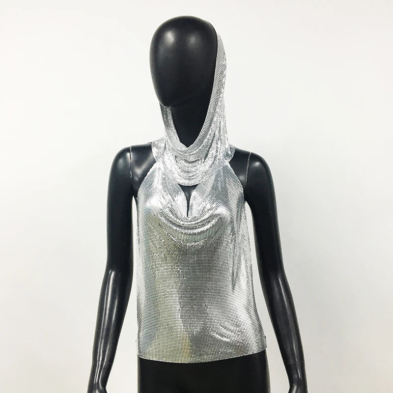 Women Metal Sequins Tank Top With Turban 2 Piece  Sexy V Neck Backless   Suspender Top Rave Festival Party Nightclub Camisole