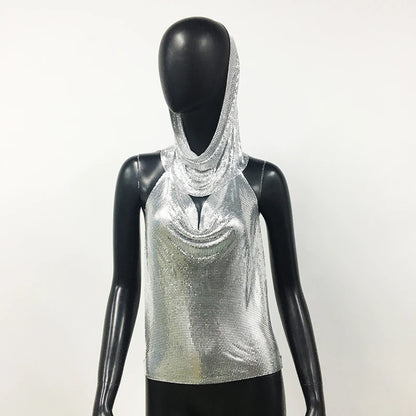 Women Metal Sequins Tank Top With Turban 2 Piece  Sexy V Neck Backless   Suspender Top Rave Festival Party Nightclub Camisole
