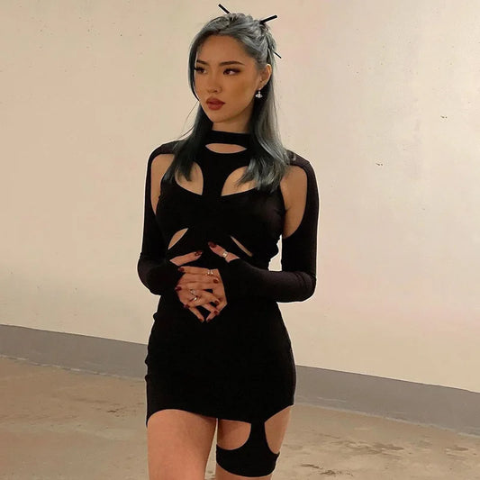セクシーオープンバストセーター ボディコンワンピース プルオーバー クルーネック 長袖 ホールアウト キーホール ミニドレス