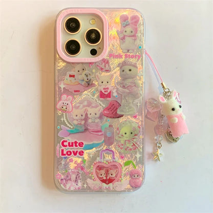 高級レーザーレインボーキュートピンクハートラブキャット漫画電話ケース iPhone 12 13 14 15 16 Pro Max Y2k 3Dふわふわ猫人形ストラップ