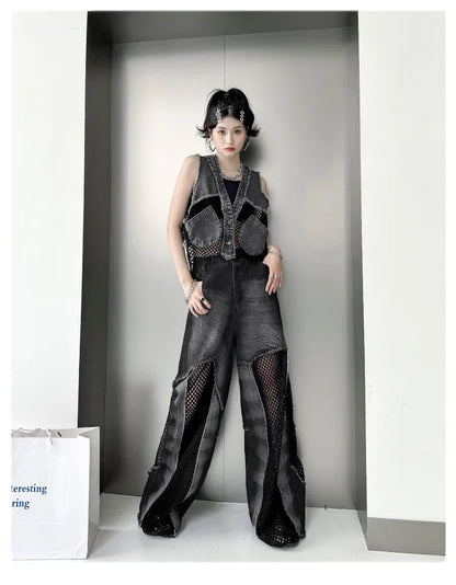Grid Stitching V-Neck Denim Vest Women's Summer Fried Street Fashion Brand Loose Burrs Short Sleeveless Vests Jackets Female