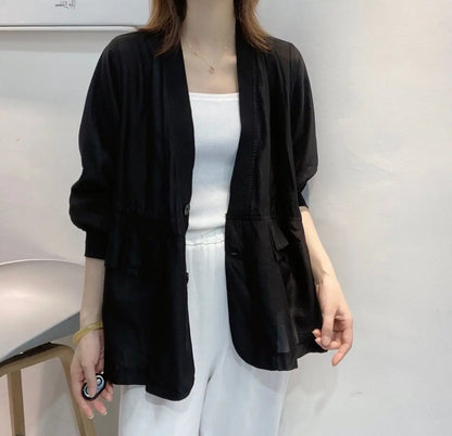 Plus Size Waist Tie V-neck Black Blazer Women Summer Cardigan Sunscreen White Jacket Korean Fashion Casual Pocket Outerwear New