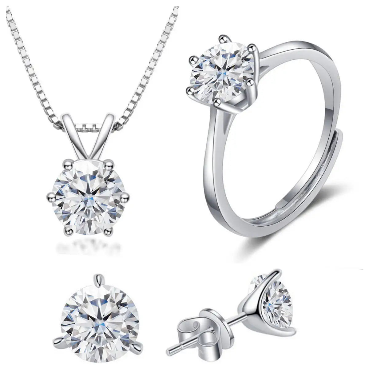 925スターリングシルバー 1CT*4 Dカラー モアサナイト リング イヤリング ネックレス セット ファインジュエリーセット エレガント レディースジュエリー パーティー ウェディング用